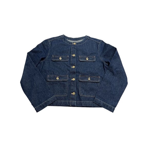 H&M Collarless Denim Jacket in Dark Denim Blue - Picture 1 of 5